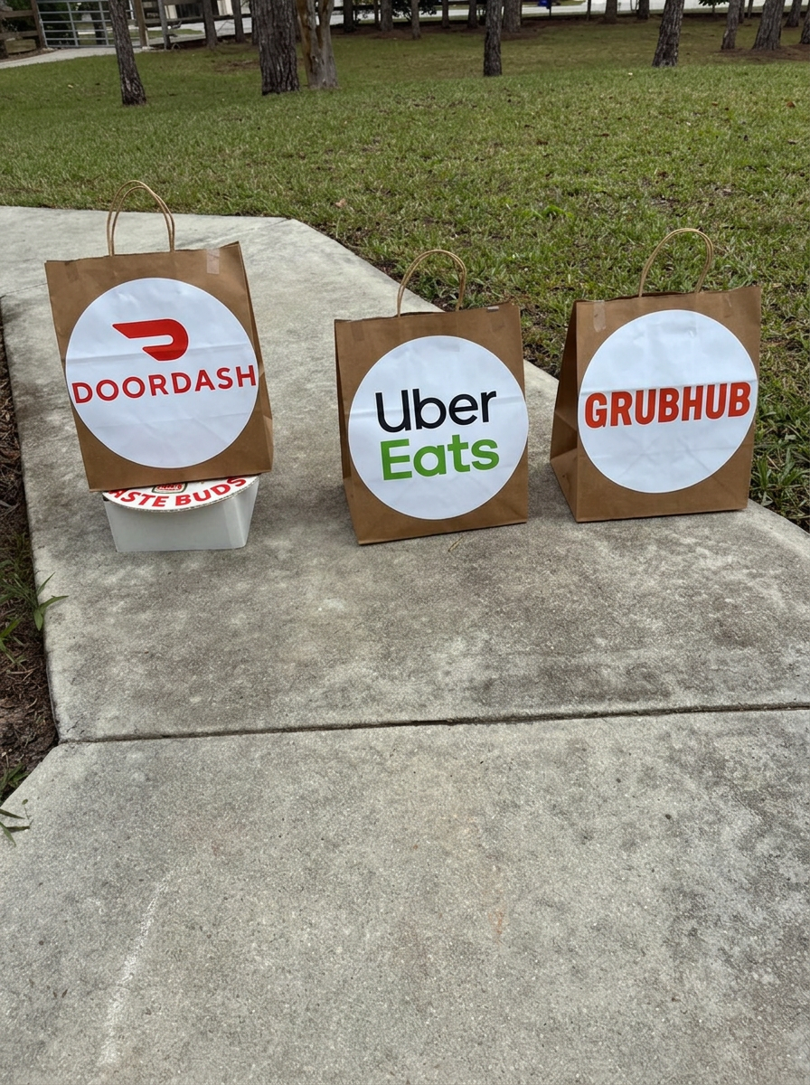 The Elevated Delivery Platform in action, holding Grubhub, DoorDash, and other delivery bags off the ground at a customer's door.