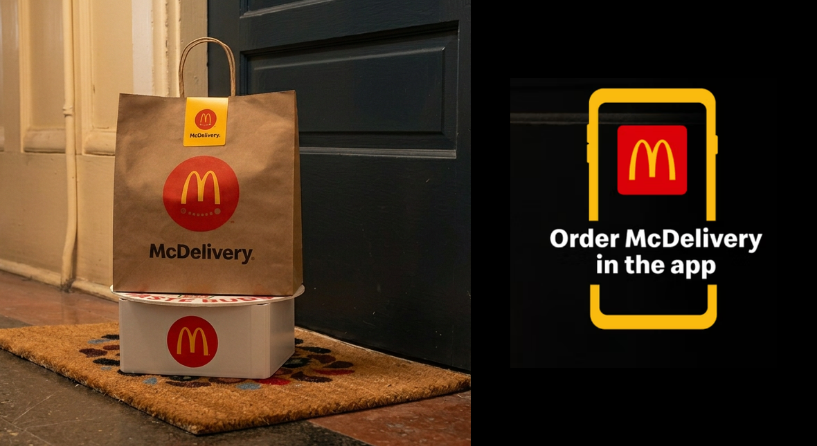 The same McDelivery bag, now elevated on the Elevate Your Taste Buds branded platform stand.