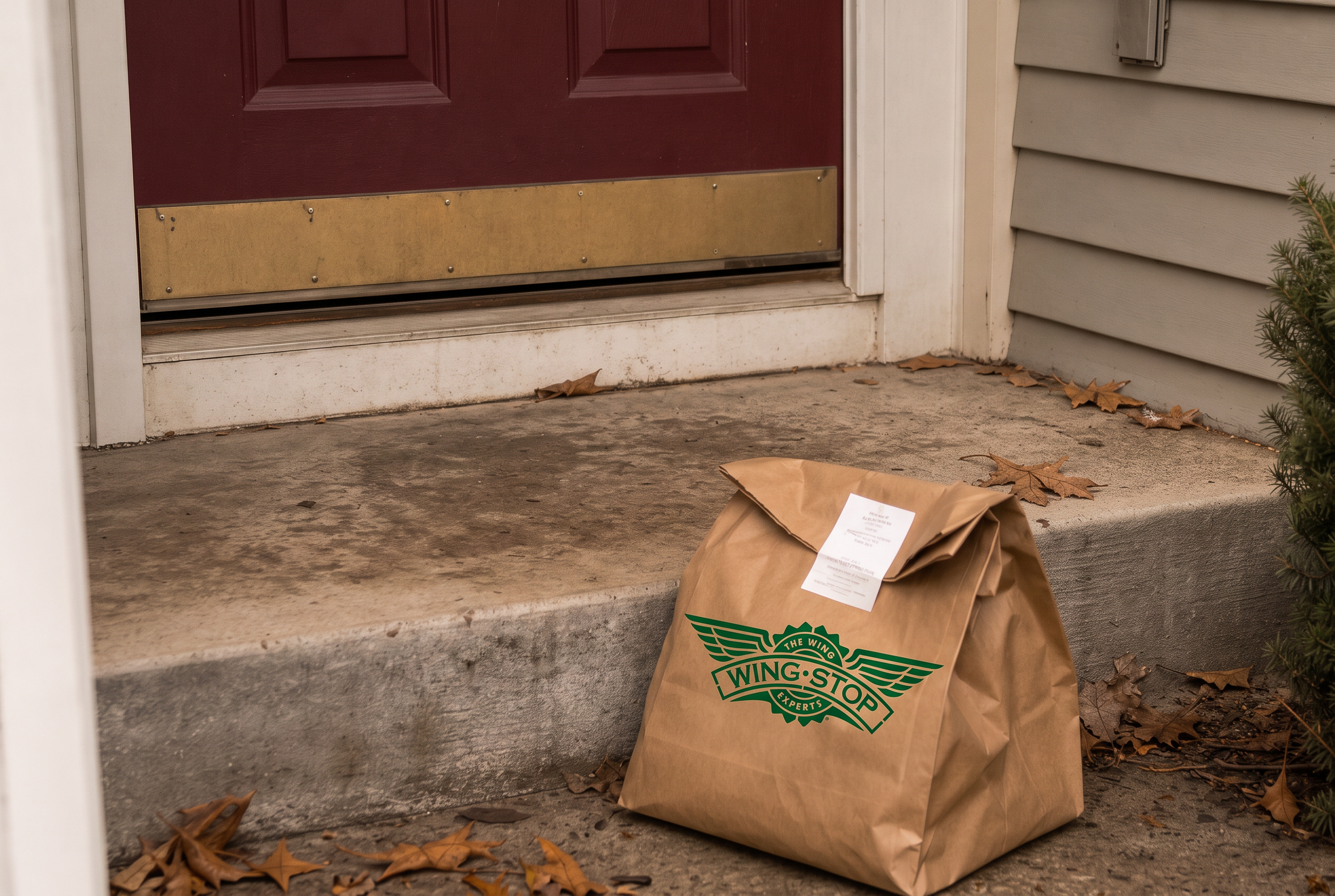Wingstop delivery bag sitting on the ground at a customer's doorstep — from Wingstop own marketing.