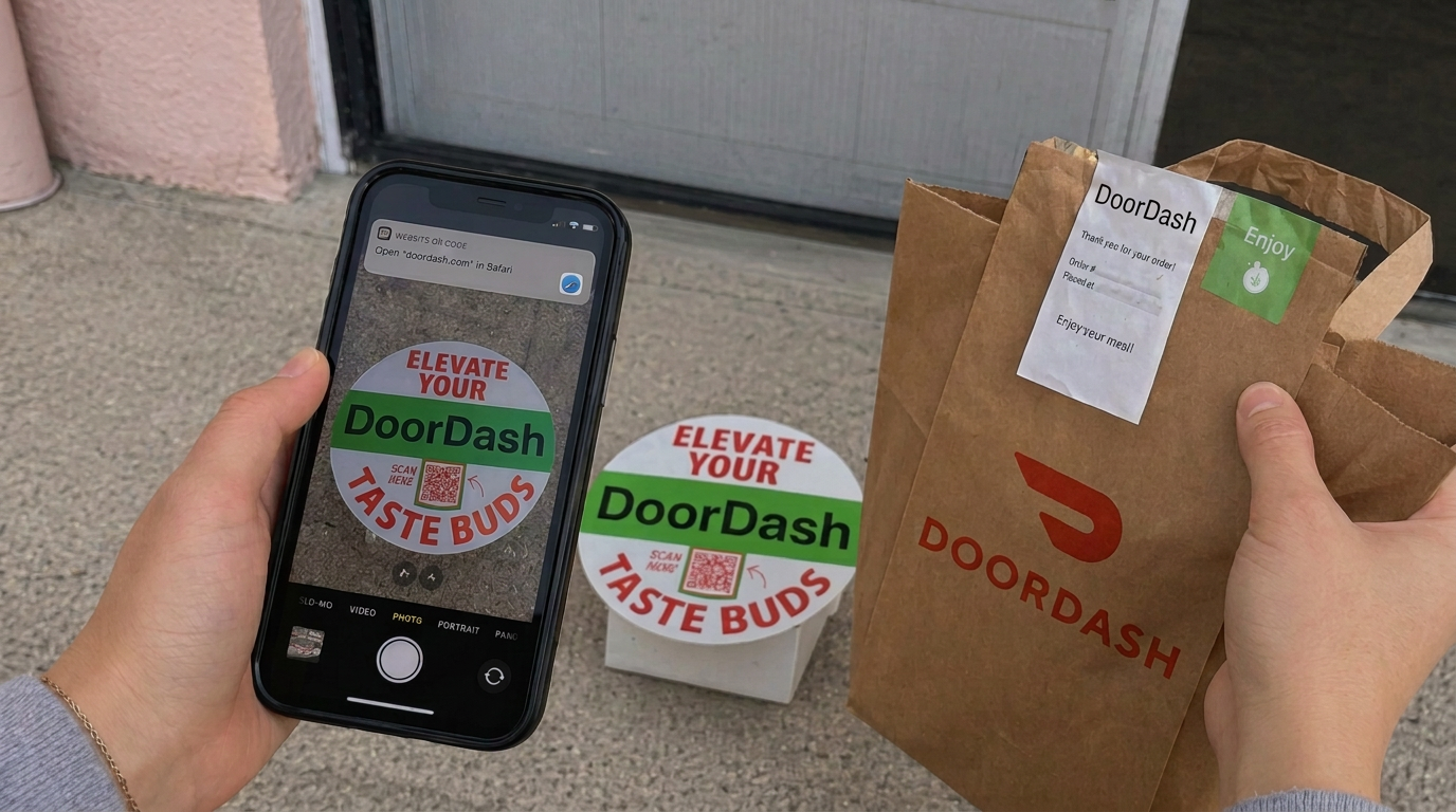 Customer picking up an DoorDash delivery and scanning the Elevate Your Taste Buds QR code