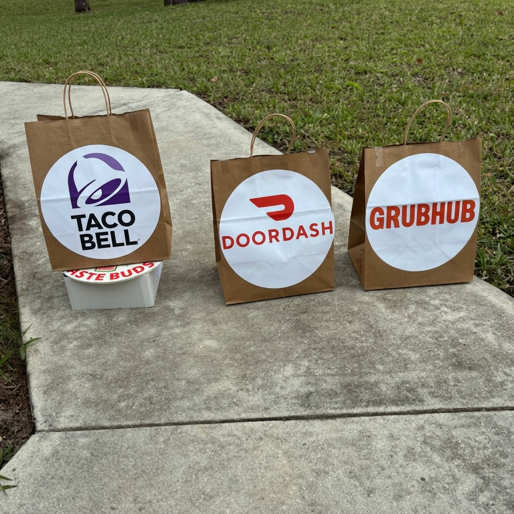 The Elevated Delivery Platform in action, holding a Taco Bell bag elevated next to Burger King and BurgerFi bags on the ground.