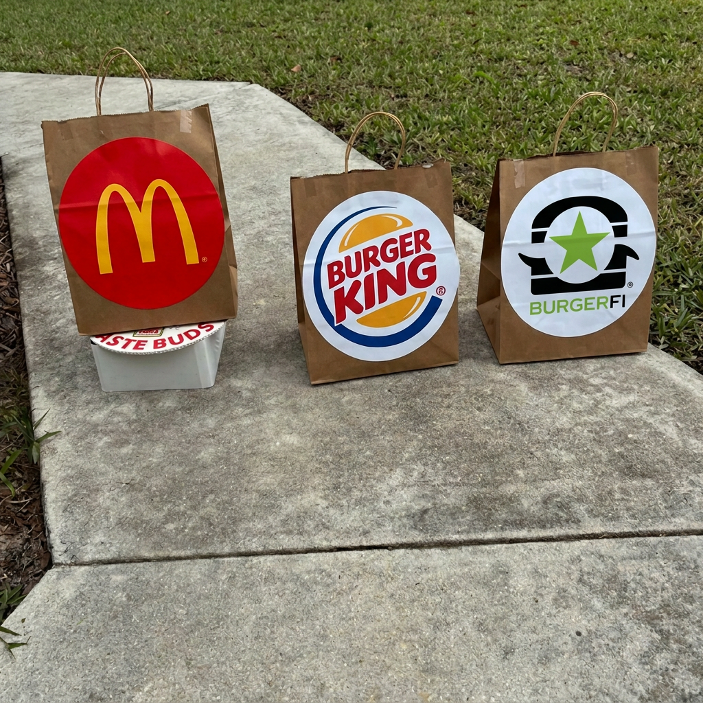 The Elevated Delivery Platform in action, holding a McDonald's bag elevated next to Burger King and BurgerFi bags on the ground.