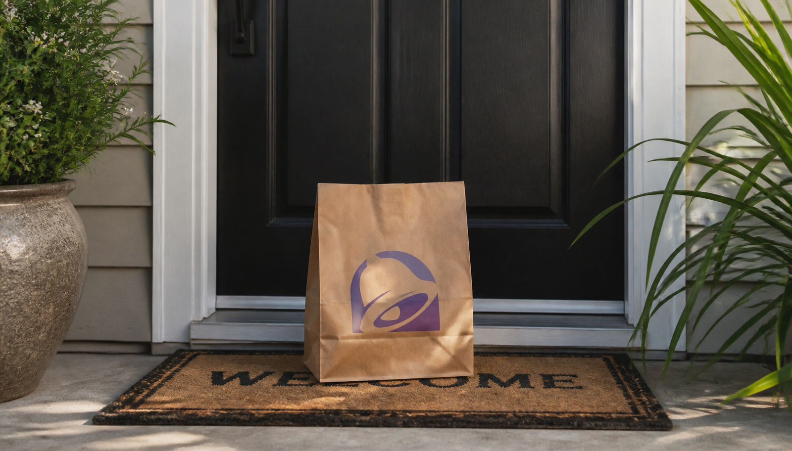 Taco Bell delivery bag sitting on the ground at a customer's doorstep — from Taco Bell own marketing.