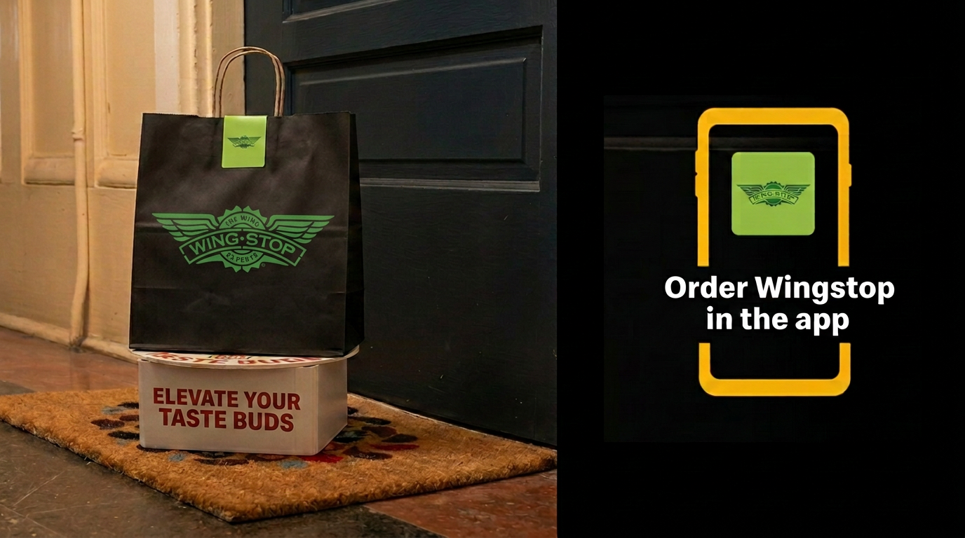 The same Wingstop delivery bag, now elevated on the Elevate Your Taste Buds branded platform stand.
