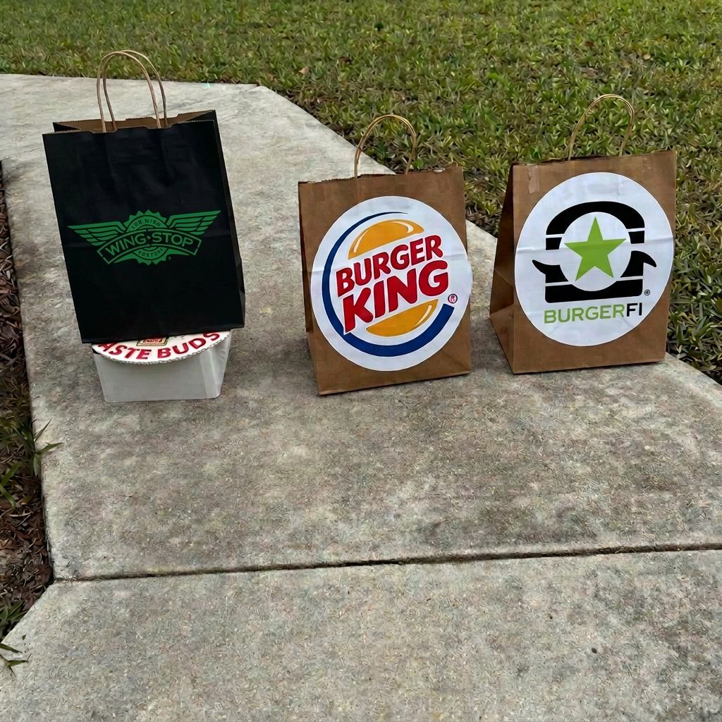 The Elevated Delivery Platform in action, holding a Wingstop bag elevated next to Burger King and BurgerFi bags on the ground.