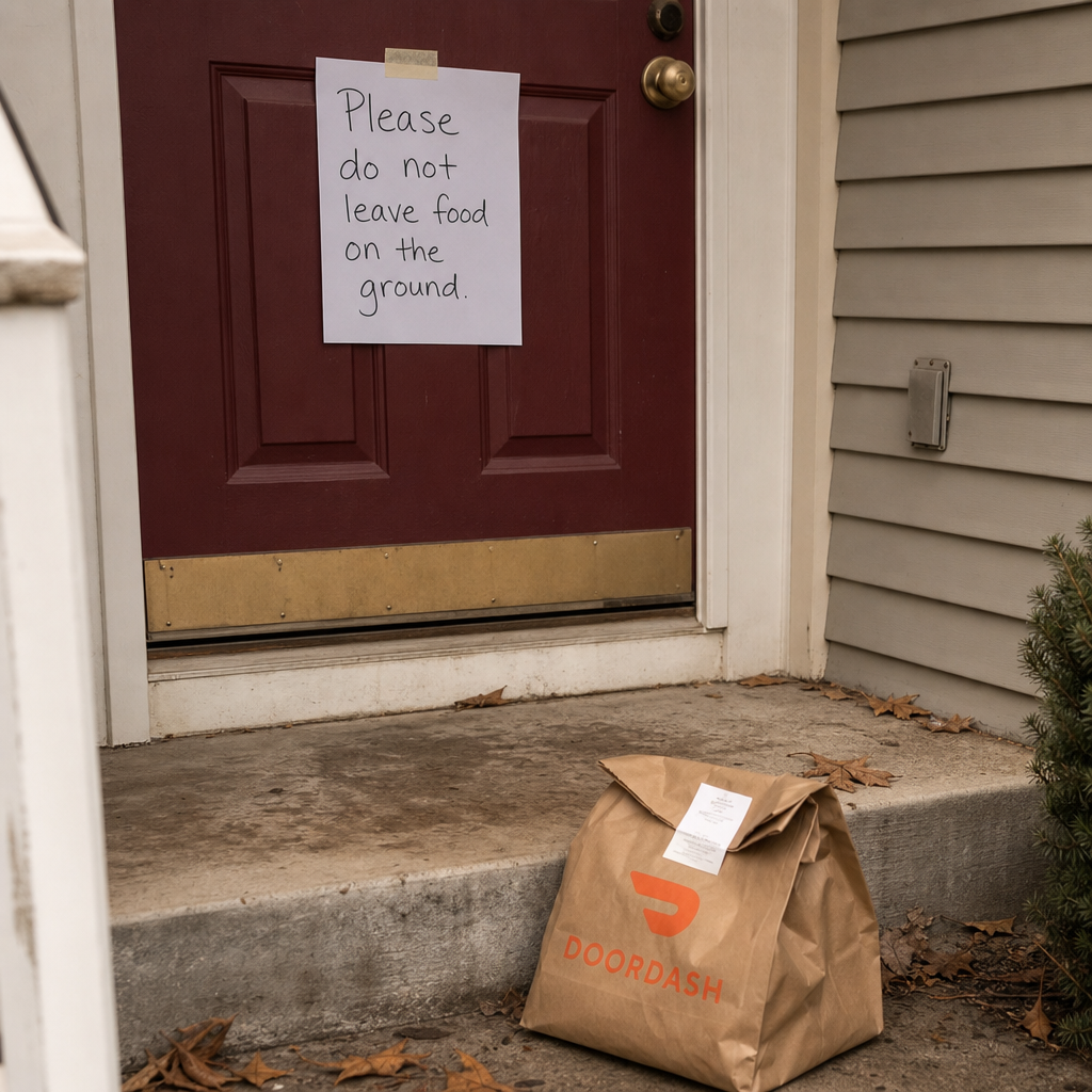 A delivery bag sitting on a dirty doorstep below a handwritten note that reads Please do not leave food on the ground.