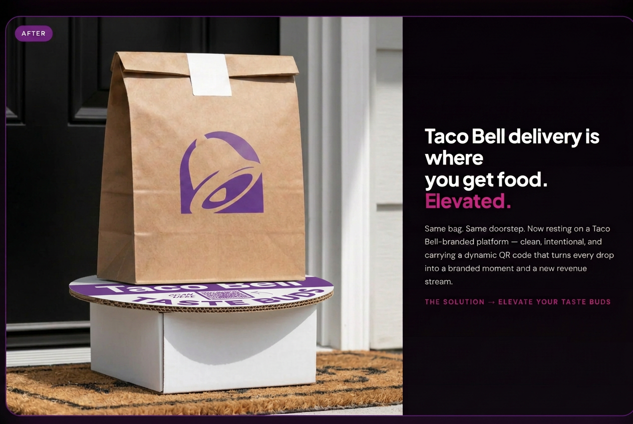 The same Taco Bell delivery bag, now elevated on the Elevate Your Taste Buds branded platform stand.